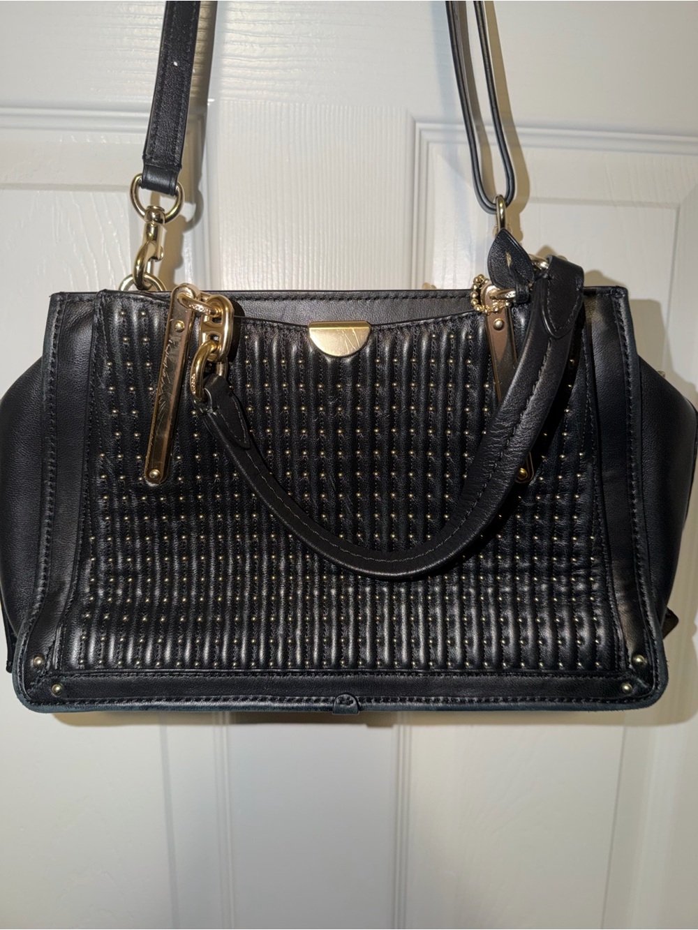 Black Quilted Coach Leather Shoulder Bag with Gold rivets and hardware - Picture 2 of 8